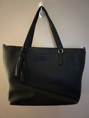 Tory Burch Black Pebbled Leather Tote with Tassel Charm
